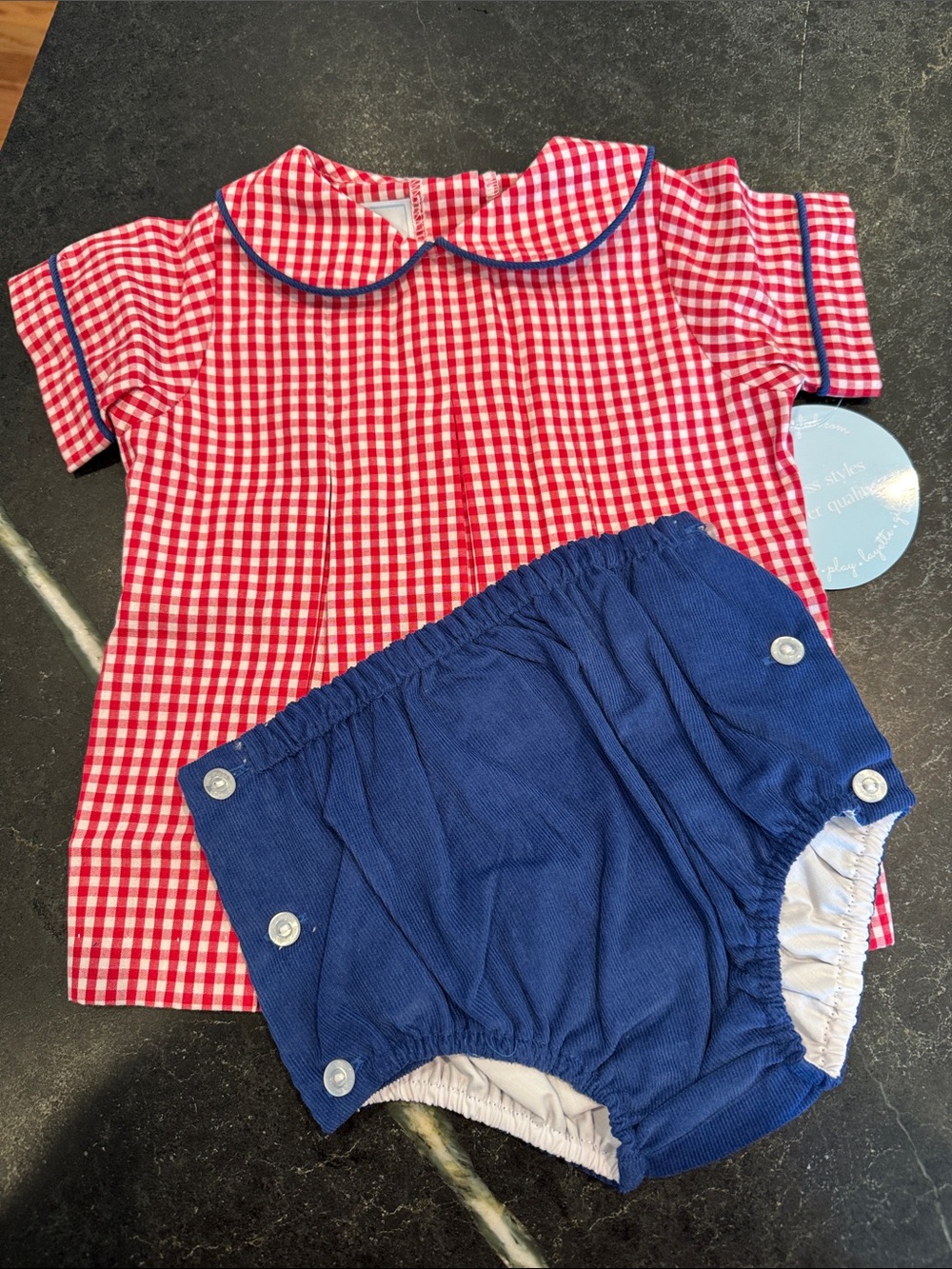 Little English Red Gingham Top with Navy Bloomers